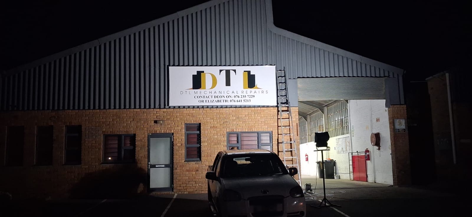 DTL Mechanical Repairs workshop in Somerset West at night with the signage newly installed